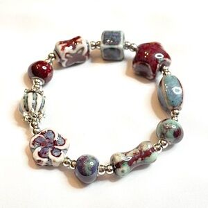 Cool colors Bracelet purple blue red ceramic beads silver beaded stretchy